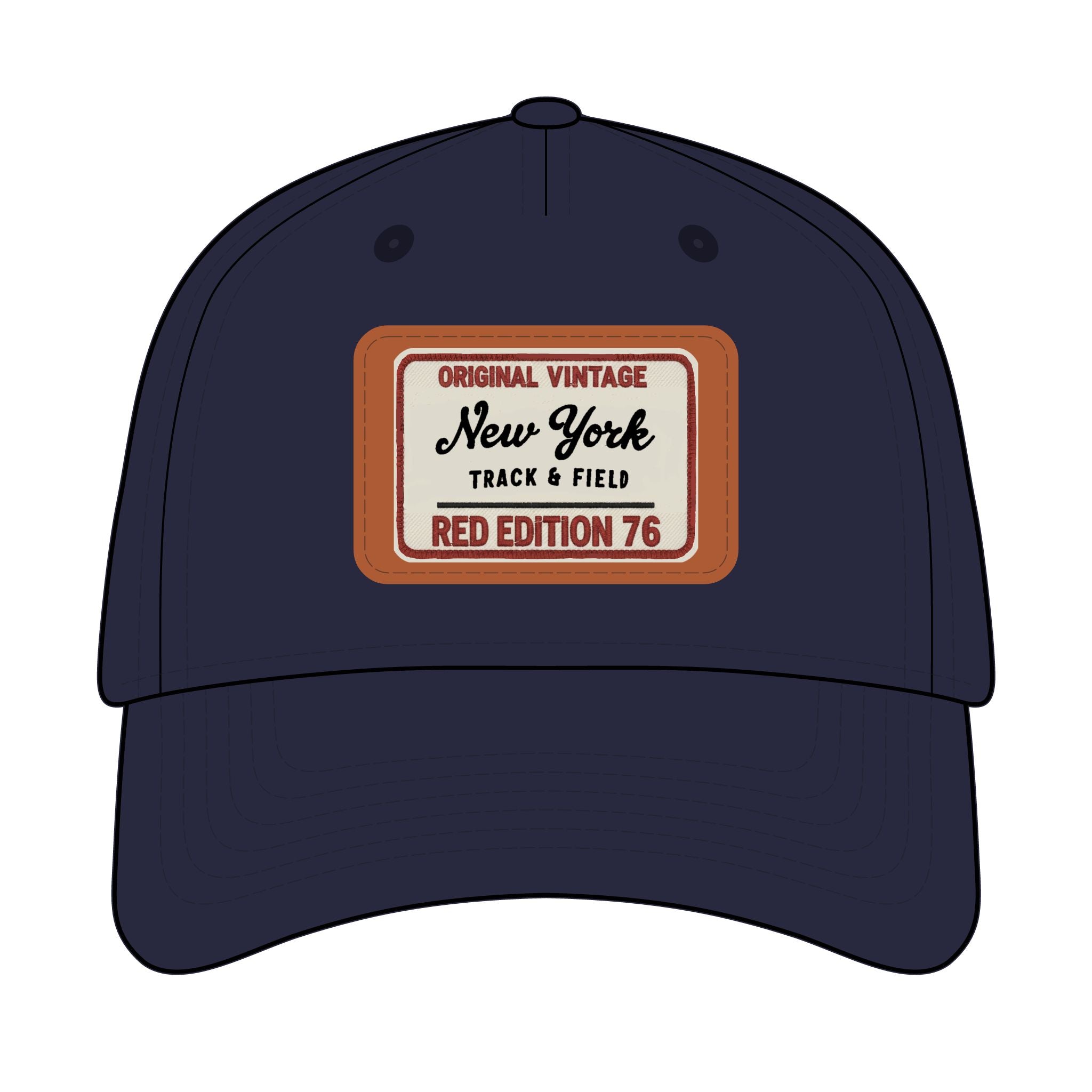 Navy blue cap with a vintage-style label on a white background